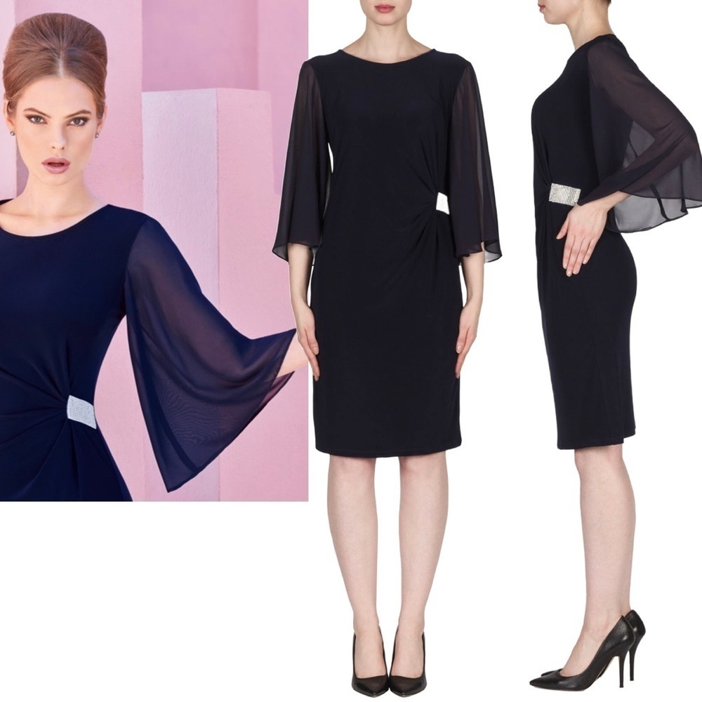 JOSEPH RIBKOFF MIDNIGHT BLUE butterfly sleeve rhinestones cocktail DRESS Sz 14